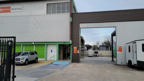 Outside secure gate access and office door for self storage facility