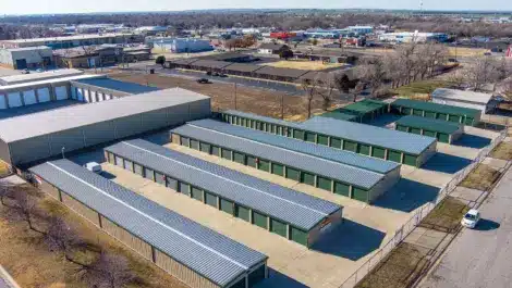 Drone pictures of a self storage facility on Clark St. in Salina