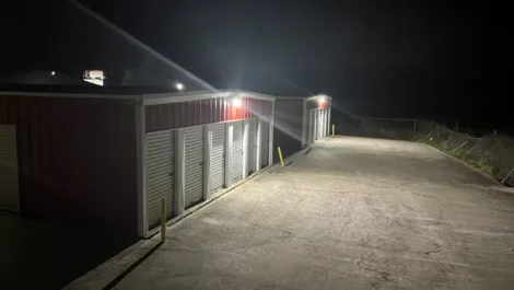 well lit self storage units at night