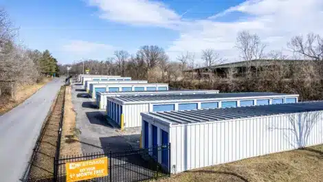 Aerial view of row of storage units