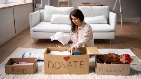 woman sorting items into keep donate and discard boxes