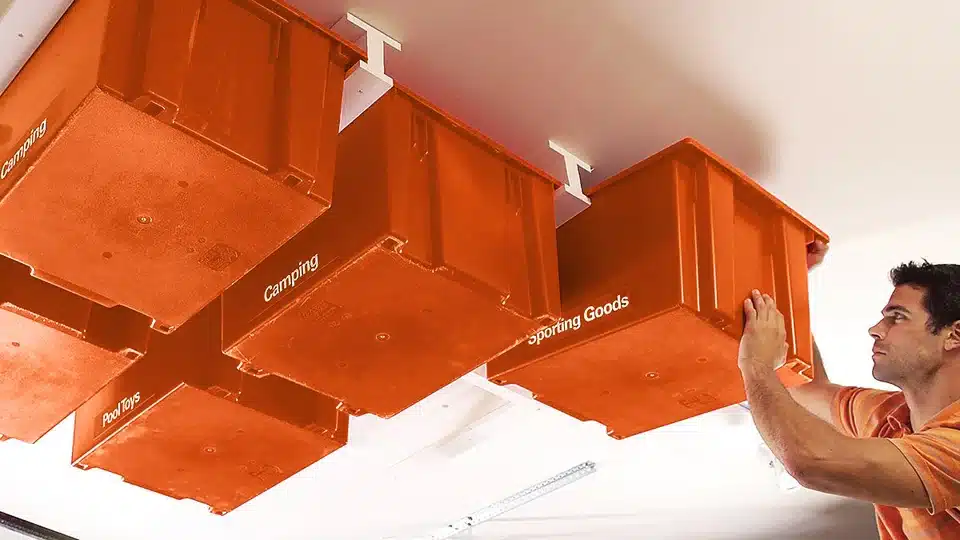 labeled storage containers on garage ceiling