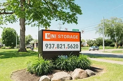 Road sign for self storage facility Fairborn OH