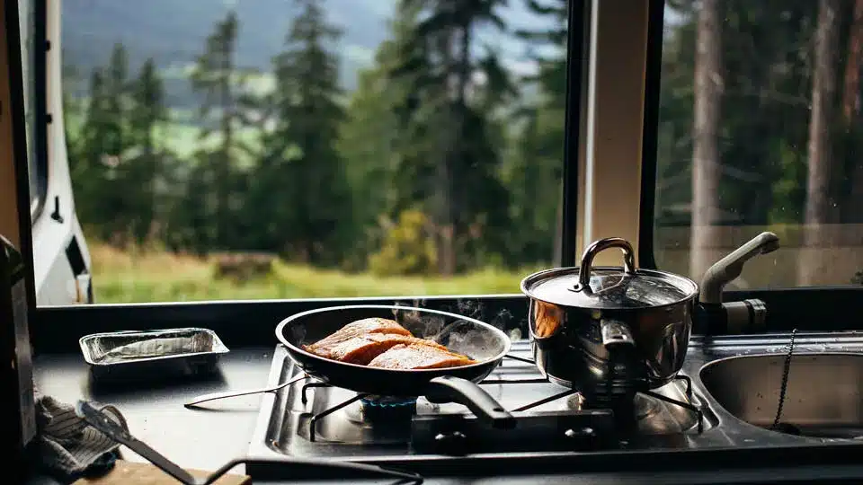 breakfast being cooked in an RV