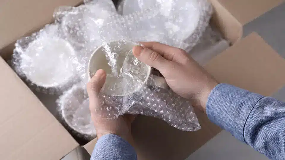 A person packing away dishes for self storage 